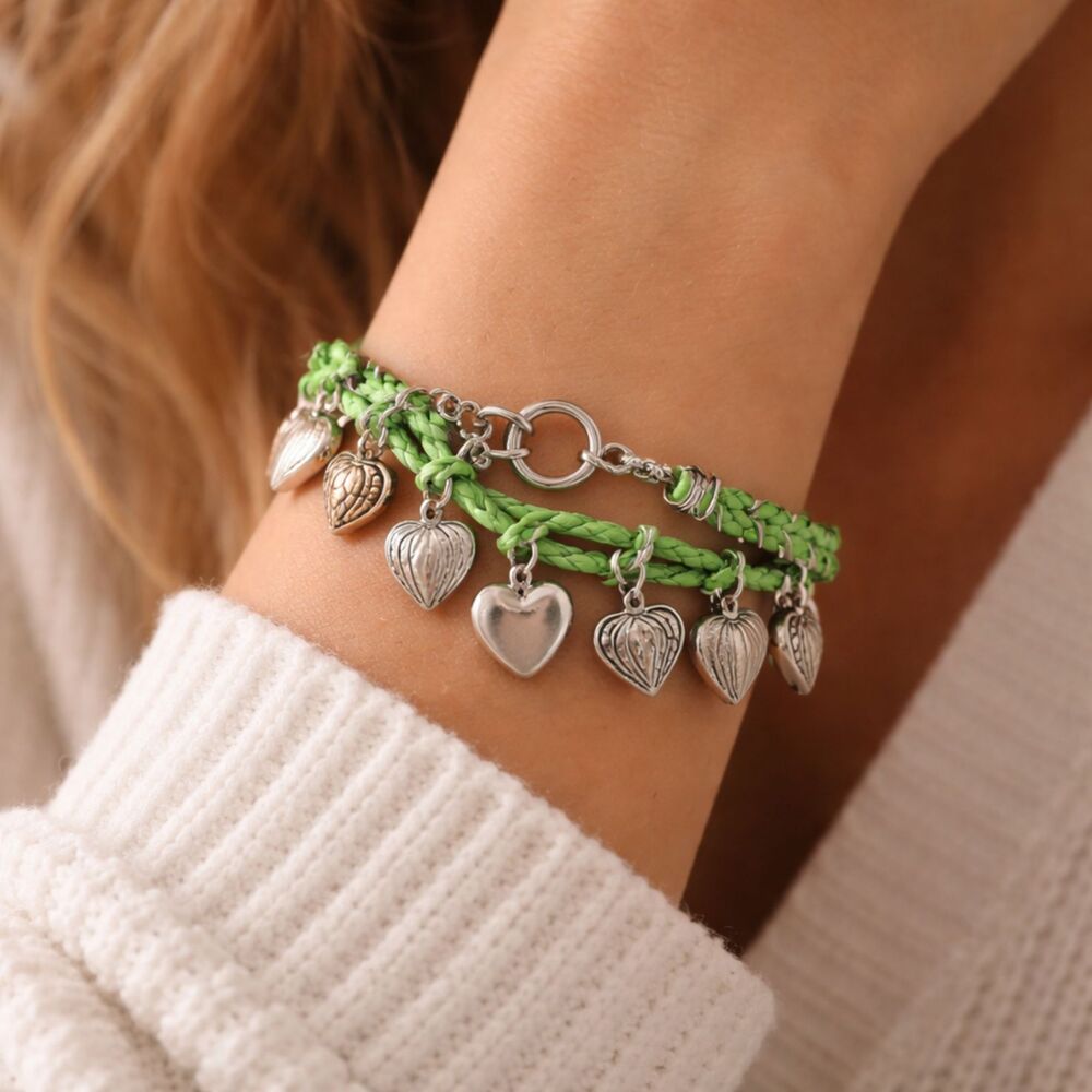 Women Charm Bracele Heart Dangle Casual Trendy Green Silver Handmade Jewelry